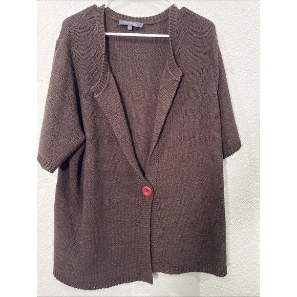 Evan Picone Sweater Top Womens 3X Chocolate Brown Button Front Short Sleeve Knit - Picture 1 of 7